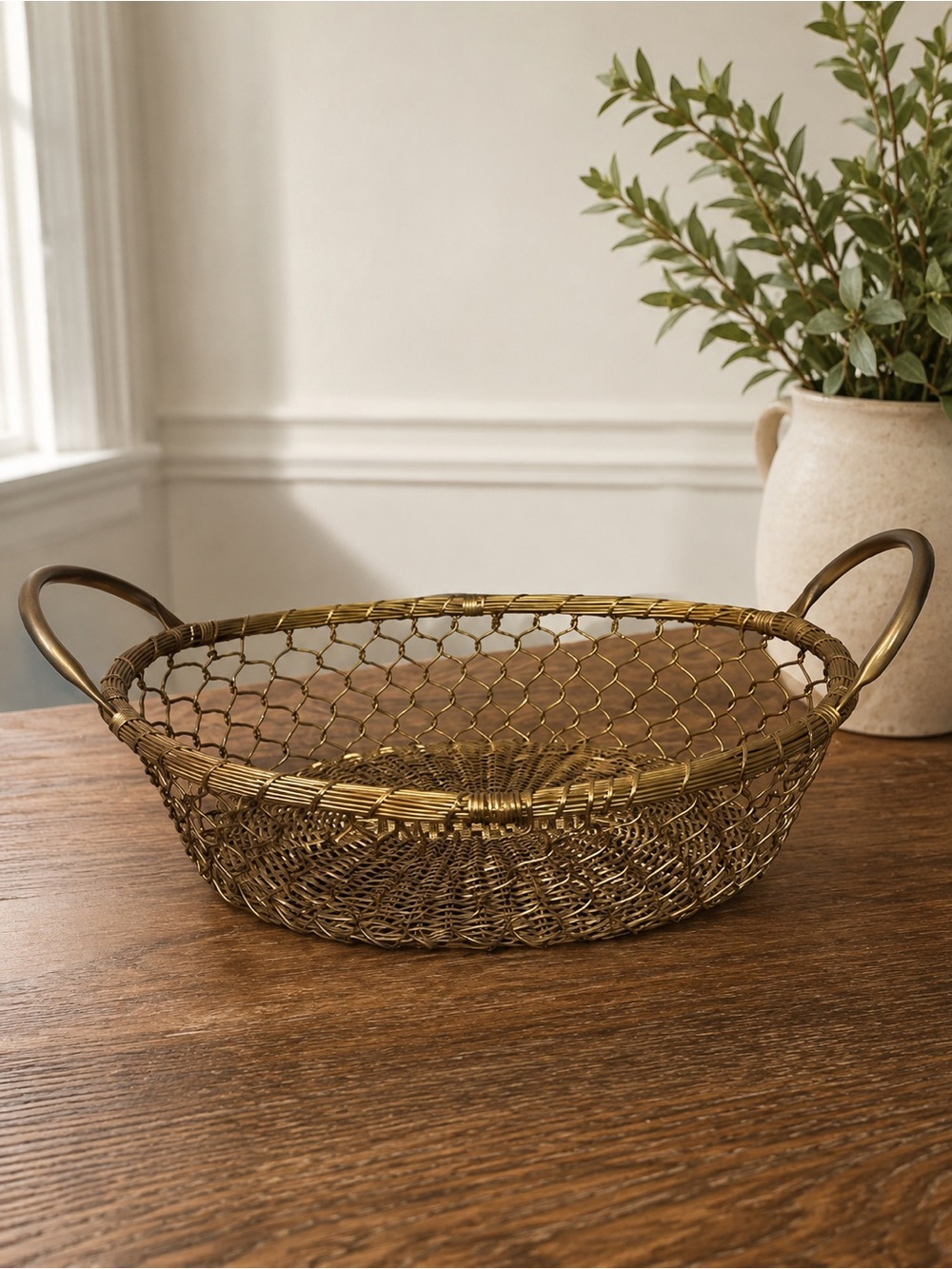Vintage Brass Wire Basket Oval Footed Serving Display Basket 14” x 10”